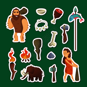远古史前和原始的巨型洞穴人元素矢量卡通洞穴人标签设置插图图片