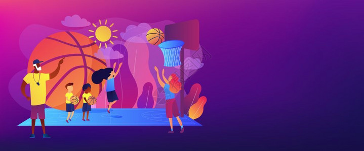 NBA篮球明星夏令营教练和孩子打篮球插画
