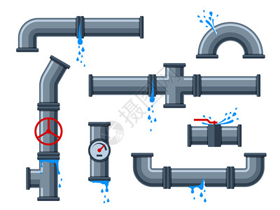 淡黄色油滴水珠漏水管断裂塑料漏水管插画