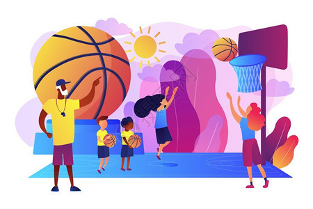 篮球俱乐部夏令营教练和孩子打篮球插画