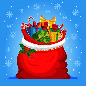 装满圣诞礼物的红色袋子扁平风卡通矢量插画图片