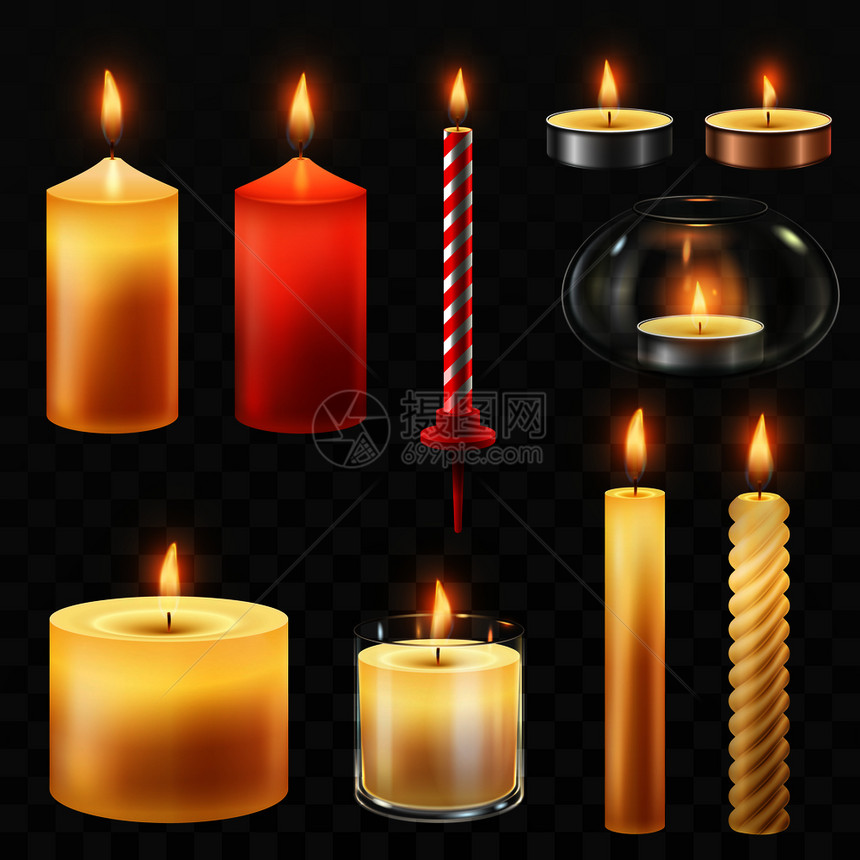 蜡烛为举行生日聚会而蜡烛浪漫的热火在玻璃上点燃烧的夜光为生日蛋糕或hanuk装饰点燃火焰设置孤立的矢量符号蜡烛火为举行生日聚会而图片