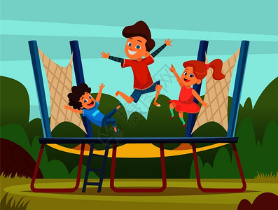 在操场上跳蹦床的儿童矢量卡通背景插画