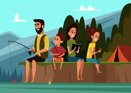 一家人河边钓鱼插图图片
