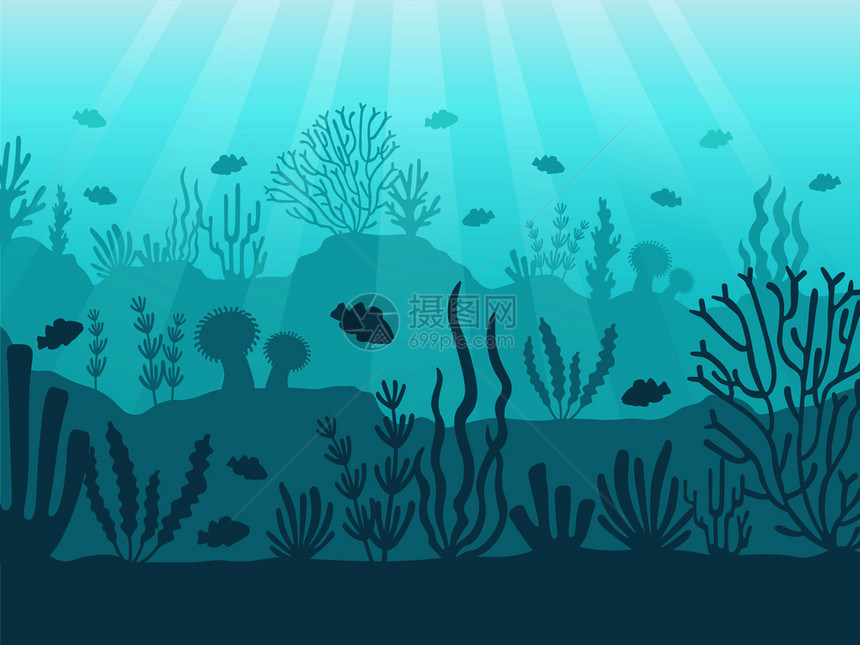 水下海景洋珊瑚礁蓝色卡通背景矢量图图片