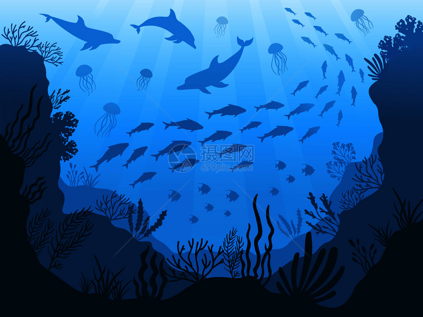 深海水下海洋动物藻类卡通矢量背景图片