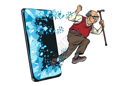 老人互联网退休老人电话智能手机在线互联网应用服务方案流行艺术复式矢量图绘制老式套装手机插画