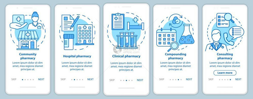 医院诊所药理学5个步行骤图示指uxi带有插图的gui矢量模板图片