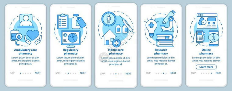 配有线概念的移动应用程序页面屏幕上的流动和家庭护理药房物研究5个步走骤图形指示uxi带有插图的gui矢量模板蓝色高清图片素材
