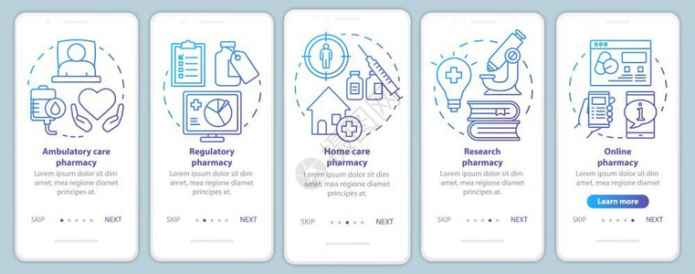 使用移动应程序网页屏幕矢量模板的移动应用程序流和家庭护理药房物研究带有线插图的通过网站步骤uxig智能手机界面概念药理学高清图片素材