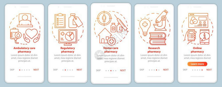 使用移动应程序网页屏幕矢量模板的移动应用程序流和家庭护理药房物研究带有线插图的通过网站步骤uxig智能手机界面概念药理学高清图片素材