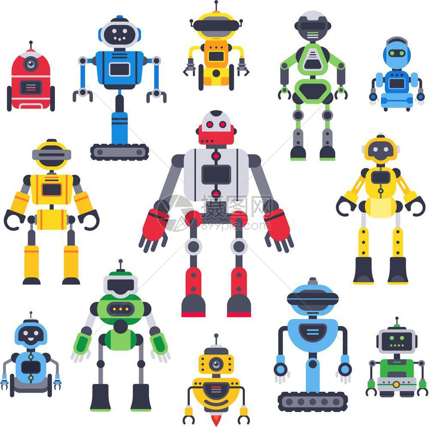 机器人吉祥物形机器和可爱的聊天器助理矢量平板字符组图片