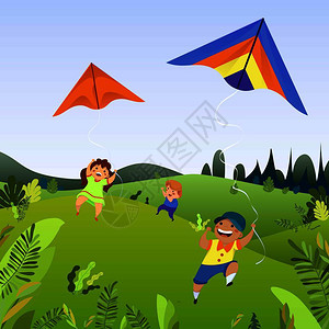 卡通儿童放风筝插图图片