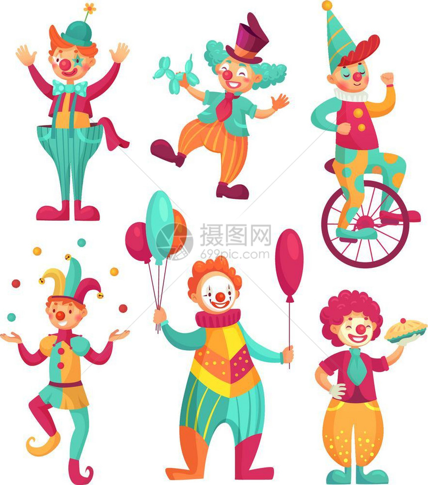 马戏团小丑漫画喜剧演员杂耍滑稽小丑鼻子或派对马戏团服装矢量插图集图片