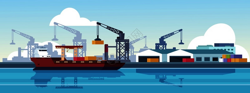 货船海运港口和物流运输货轮码头插画