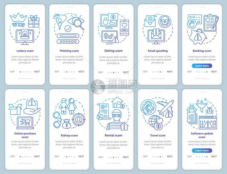 安装移动应用程序页面屏幕矢量模板的骗局类型以线插图通过网站步骤旅行银诈骗emailspofinguxigsmartphone界面图片