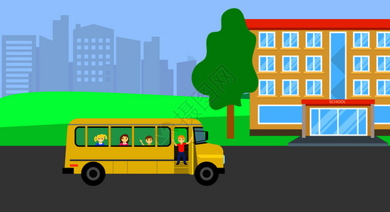 有儿童背景的校车与儿童背景平板图图片