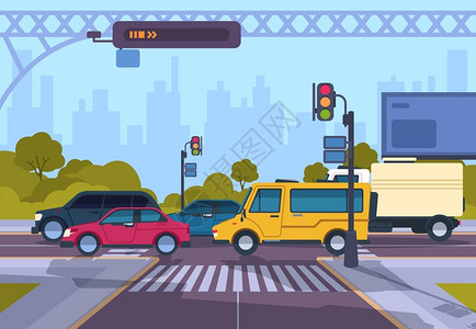 俯拍十字路口横行交通市公路的矢量图示插画
