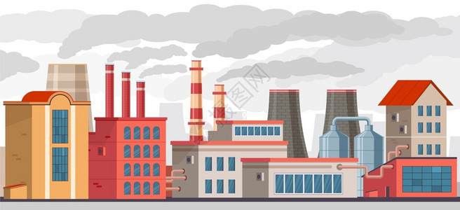 灰色工业烟囱冒出烟雾的工业厂卡通图插画