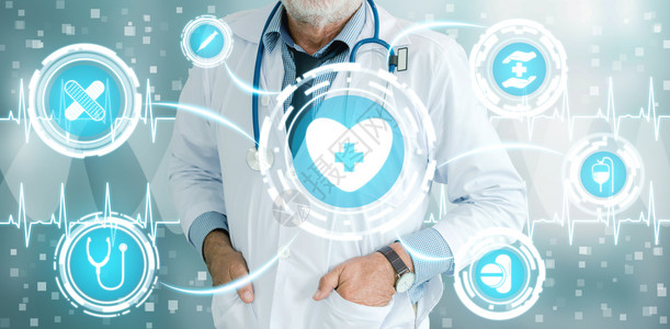 医学上保健概念 -医院生,带有数字疗图标,形横幅显示药品、护理人员急诊服务网络病人健康医生数据等符号。设计图片