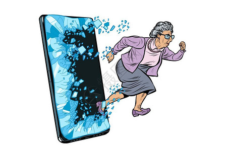 50岁女人退休女和新技术概念祖母冲出智能手机屏幕并上线电话工具智能手机在线互联网应用服务方案流行艺术回放矢量说明绘制老旧的女退休和新技术概插画