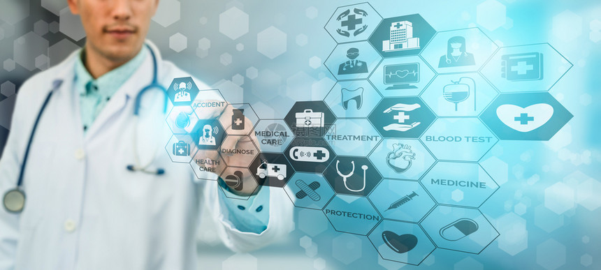 保健概念 -医院生,带有数字疗图标,形横幅显示药品、护理人员急诊服务网络病人健康医生数据等符号。图片