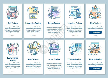 具有线概念的移动应用程序页面屏幕上安装软件测试能和可用分析通过步的图形指示uxi带有插图的gui矢量模板强调高清图片素材