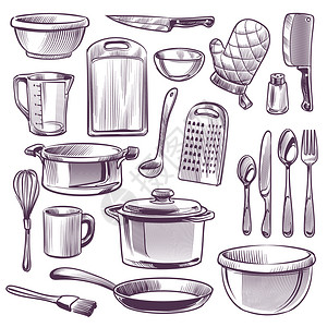 厨房用具素描烹饪设备煎锅刀叉和子勺碗杯玻璃切割板面粉反矢量家用餐具粉刷板反面矢量粉背景图片