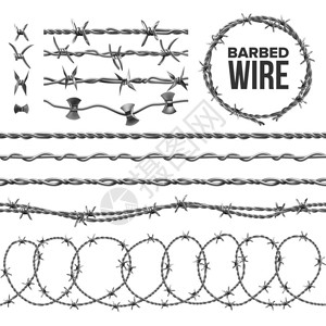 倒钩现代金属围栏铁丝链带区域保护的锋利元素工业铁丝网无缝模式符合现实的3d插图设计图片