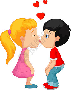 卡通可爱小男孩亲吻小女孩矢量插画图片