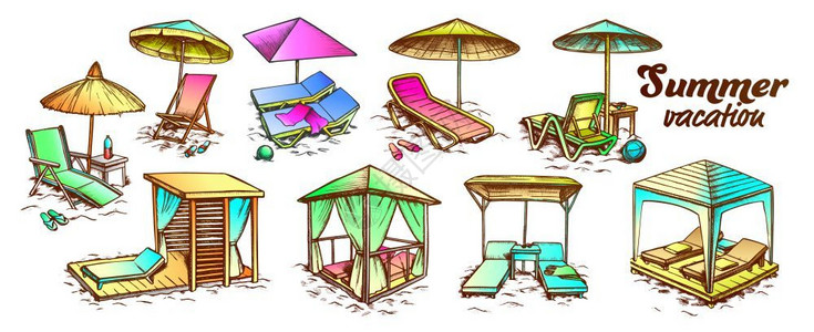 卡通复古带遮阳棚的沙滩椅背景图片