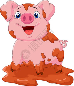 粉红色小猪卡通猪在泥坑里玩插画