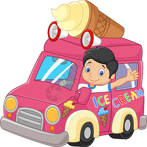 小男孩驾驶汽车挥舞卡通图背景图片