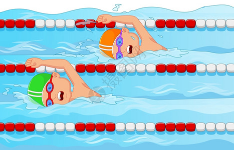 卡通可爱孩子在游泳池里游泳图片