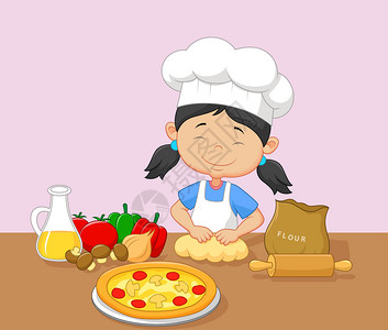 披萨制作卡通小女孩烘烤插画