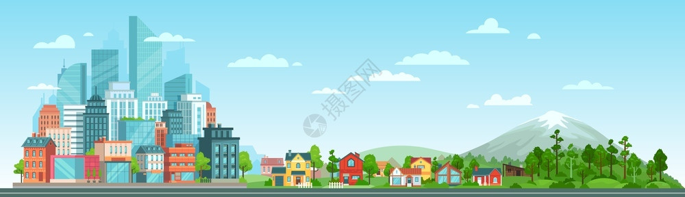 天际线城市矢量现代城市建筑郊区房屋全景图插画