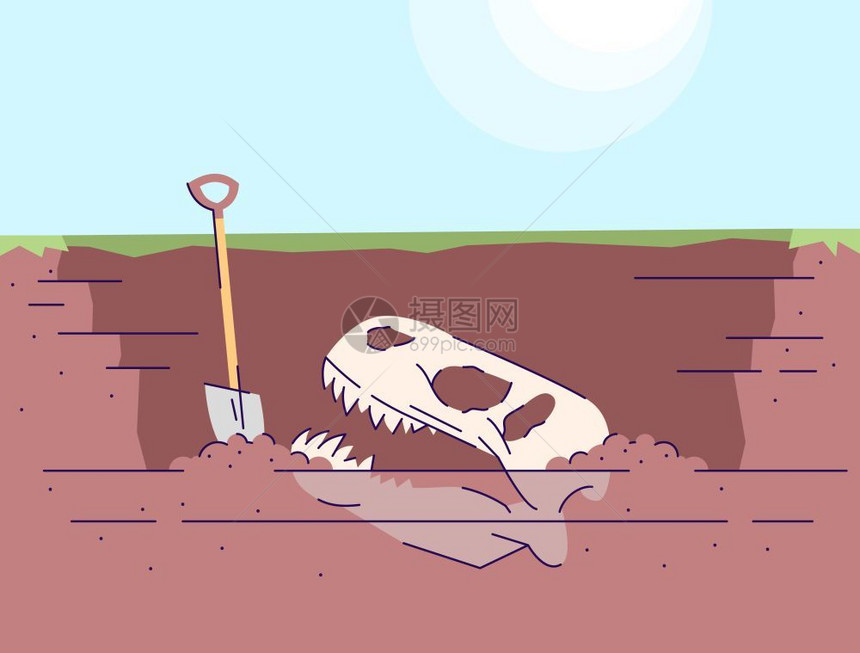 地下灭绝动物的骨头和铲子卡通矢量插画图片