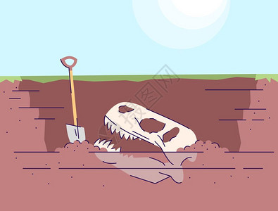 地下灭绝动物的骨头和铲子卡通矢量插画图片