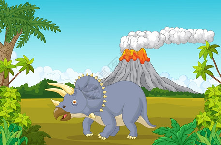 侏罗纪三角龙和火山卡通矢量插画背景图片