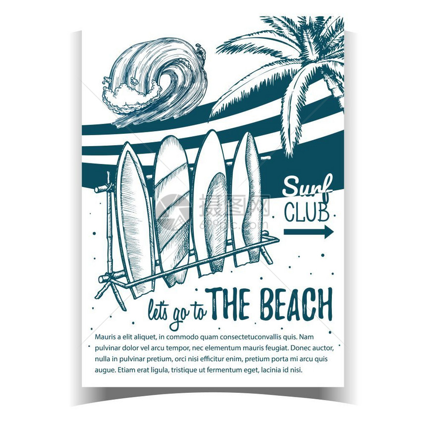 手绘沙滩冲浪板椰树海滩复古卡通矢量插画图片