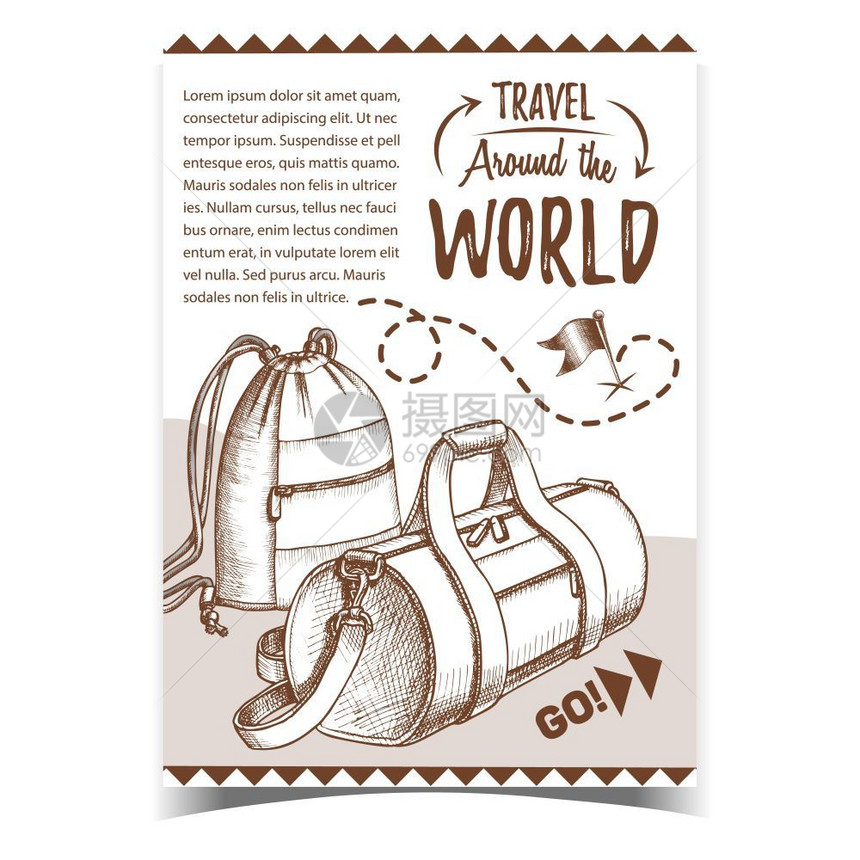 旅行世界广告海报包括袋式矢量现代行李和带绳子用于旅行附件鞋子和服装的袋式行李和鞋衣物以变换式单色图案设计的旅游体育备带袋式矢量的图片