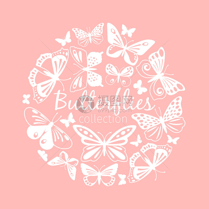 粉红背景的白蝴蝶婚礼邀请矢量插图图片
