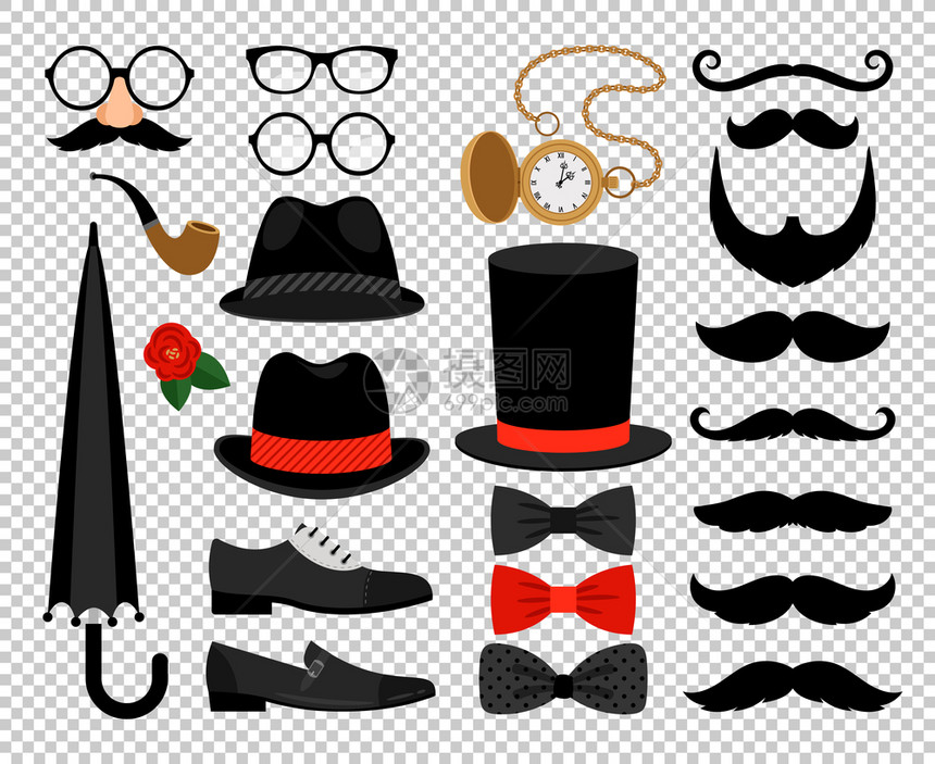 古老男子圆顶帽和弓领带胡子雨伞木棍和眼镜矢量说明在透的情况下被隔离图片