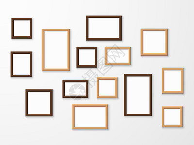 壁上不同大小的木制板框空白画墙上不同大小的木制空白画框博物馆廊模拟设计广告画图像模板拼矢量集木制框架广告图像模板矢量集背景图片