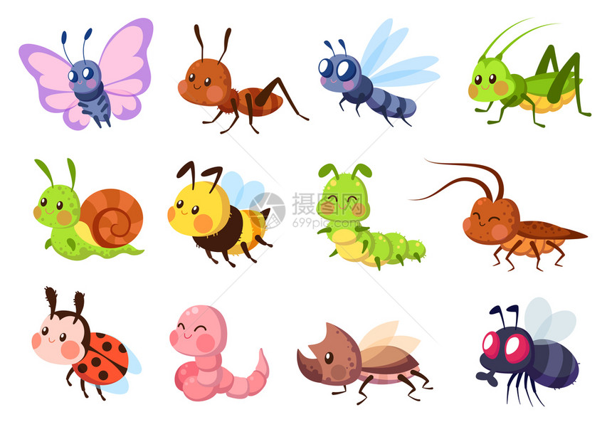可爱昆虫和苍蝇卡通矢量元素图片