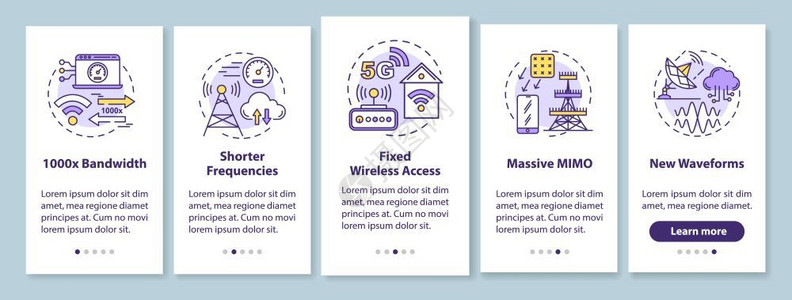 5G极速体验5g技术装有线概念的移动应用程序页面屏幕上安装的移动应用程序屏幕上频率更短粗微MImo5步走过骤图形指示uxi带有插图的gui矢插画