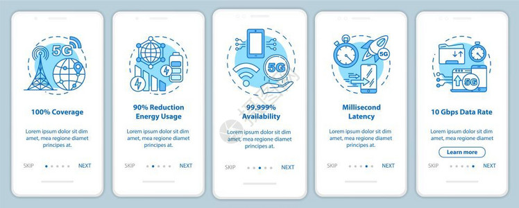 5G极速体验5g技术装有线概念的移动应用程序页面屏幕上安装5g技术10覆盖毫秒延度5个步走骤图形说明uxi带插图的gui矢量模板插画