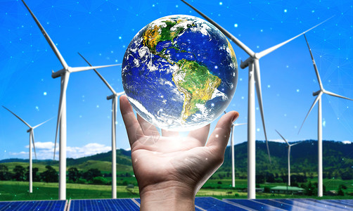 以替代能源促进可持续发展的概念人手以环境友好型风力涡轮机农场和绿色可再生能源为背景照顾地球设计图片