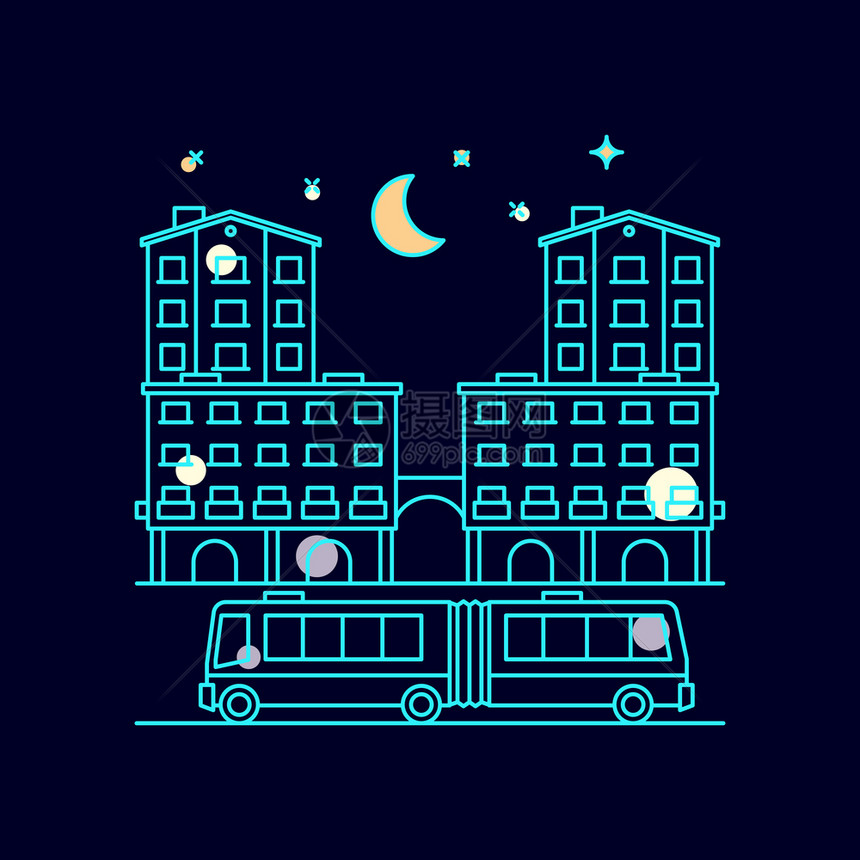 夜间城市风景月亮星家居公共汽车矢量图图片