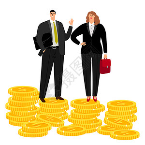 人站在钱上富有的商人夫妇在硬币向量概念上的立场插画